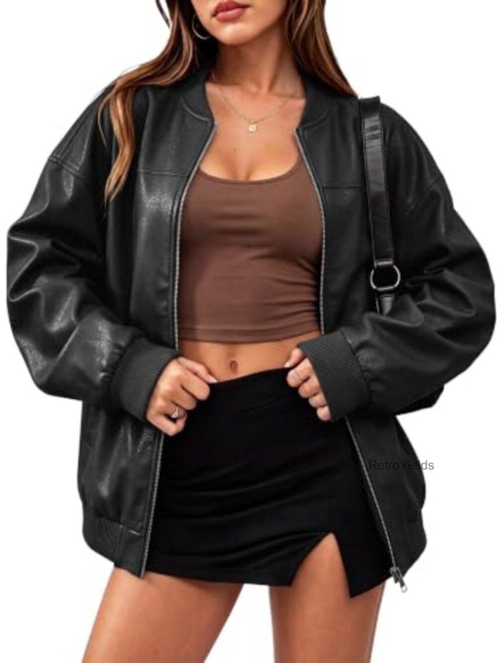 Oversized Faux Leather Bomber Jacket Drop Shoulder Ribbed Trim Full Zip